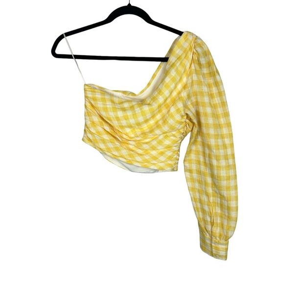 ZARA Yellow Checkered Gingham One Shoulder Blouse Size Small - Picture 3 of 7